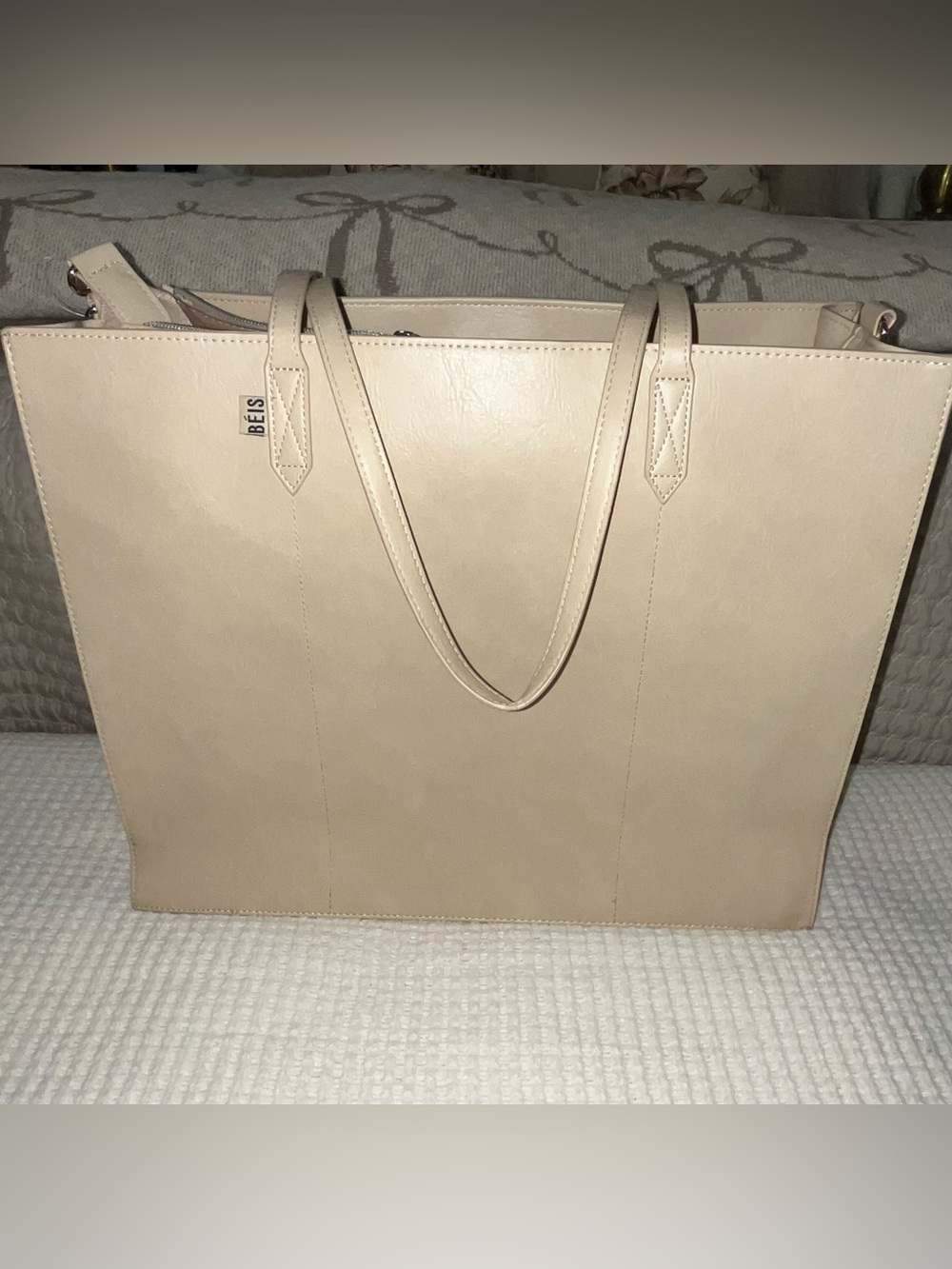 BEIS Cream Tote with Slim Shoulder Straps